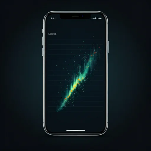 A smartphone showcasing a dark mode UI with complex scatter plots and statistical distributions