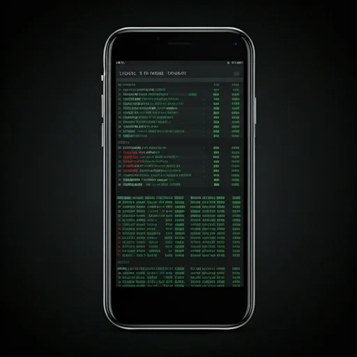 Vertical smartphone mockup showing complex terminal-style data logs with green and red text on black background