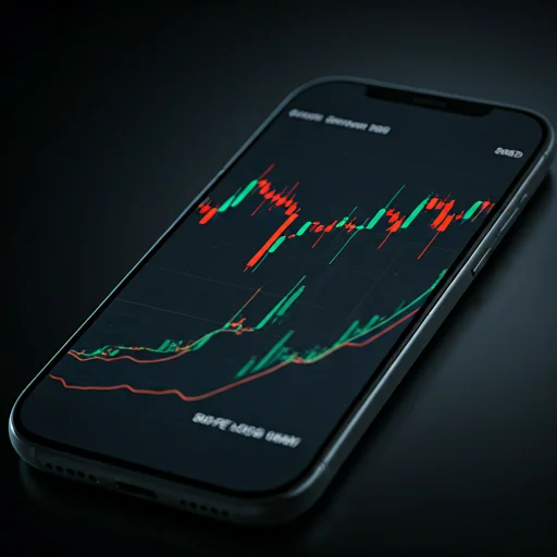 Smartphone display with detailed candlestick charts and volatility indicators in a dark fintech theme
