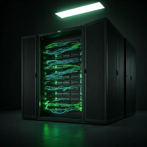 High-tech server room with glowing green lights and structured cabling in a dark environment